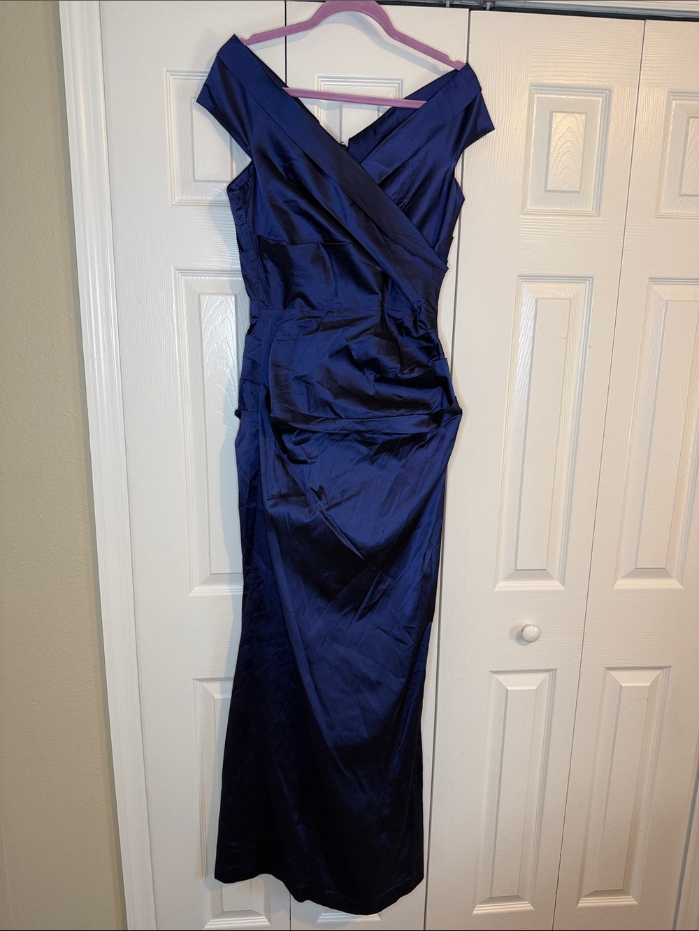 Rickie Freeman for Teri Jon Deep Blue Off-Shoulder Satin Gown